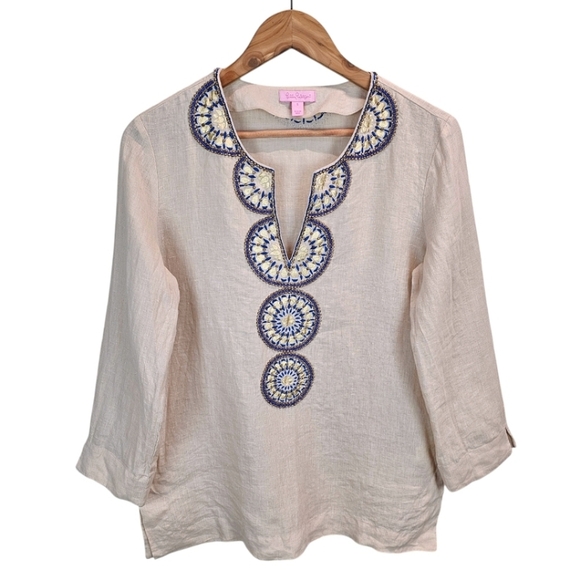 Lilly Pulitzer Linen Beaded Amelia Tunic Top Womens Sz Small Tan Oyster Shell - Picture 1 of 12